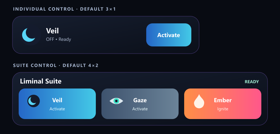 Current Liminal Suite widget preview with separate Veil, Gaze and Ember controls